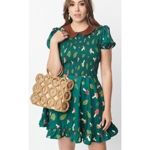 Smak Parlour Green Mushroom Shirred Top Dress XS NWT